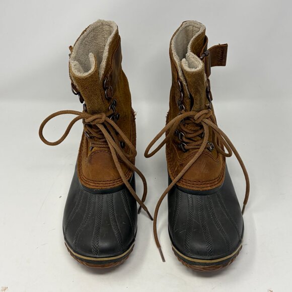Sorel women's Winter Fancy Lace II duck boots rubber suede brown tan 9 buckle - Picture 2 of 13